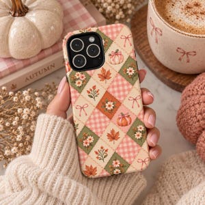 Autumn Patchwork Pumpkin Phone Case | Vintage Gingham, Maple Leaves (Tough Protection)