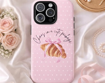 Custodia per telefono con fiocco rosa a forma di croissant / Protezione a doppio strato Coquette Whimsy
