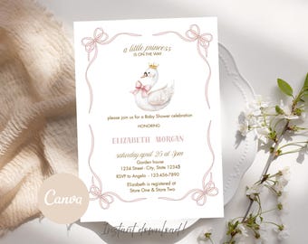 Editable Swan Baby Shower Invitation Little Princess Baby Template Instant Download Canva