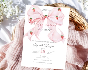 Berry Sweet Baby Shower Invitation Baby Girl Strawberry Pink Bow Ribbon Invite Canva Template Instant Download