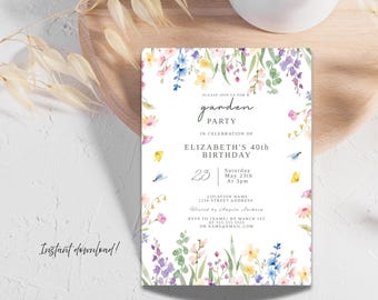 40th birthday Invite Wildflower Garden Party Invitation Template Floral Birthday Invite for a Woman Printable Any Age Canva Instant Download