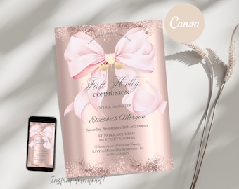 Pink Bow First Holy Communion Invitation, Girl Blush Coquette Glitter Rose Gold Canva Template Instant Download