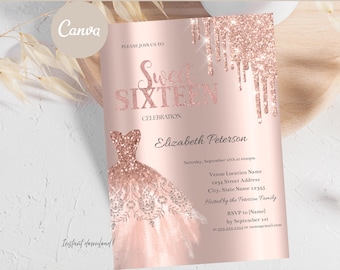 Sweet 16 Invitation Rose Gold Glitter Dress Invite, Canva Template Instant Download