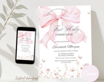 Pink Bow Wildflowers First Holy Communion Invitation, Girl Blush Coquette Canva Template Instant Download