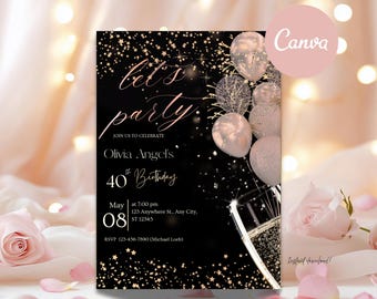 Rose Gold Balloons Black Birthday Invitation Let’s Celebrate  Elegant Women Theme Canva Template Instant Download