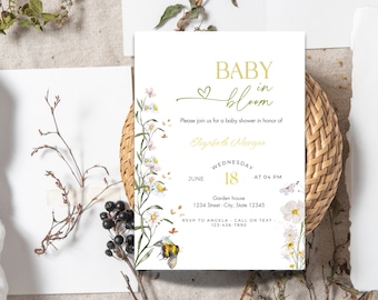 Baby in Bloom Invitation, Wildflowers Baby Shower Invite Editable Template Instant Download Canva