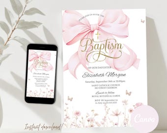 Wildflower Baptism Invitation Girl Pink Bow Butterfly Editable Baptism Invite Canva Template Instant Download