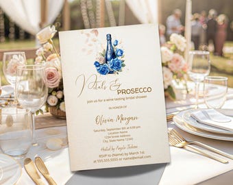 Blue Petals and Prosecco Bridal Shower Invitation, Brunch and Bubbly Champagne Roses Party Invite,  Editable Template Instant Download Canva