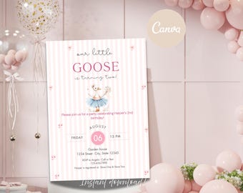 Our Silly Goose 2nd Birthday Party Invitation Floral Pink Striped Template Download Canva
