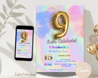 9th Birthday Invitation, Gold Number 9 Party Invite, Holographic Fireworks Theme Template, Canva Instant Download
