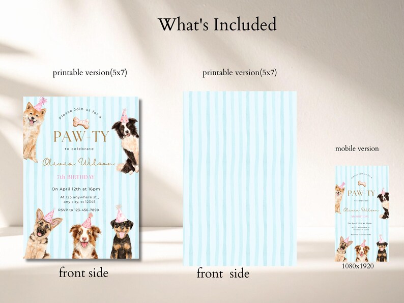 Dog Birthday Invitation, Kids Puppy Blue Striped Party Invite Editable ...