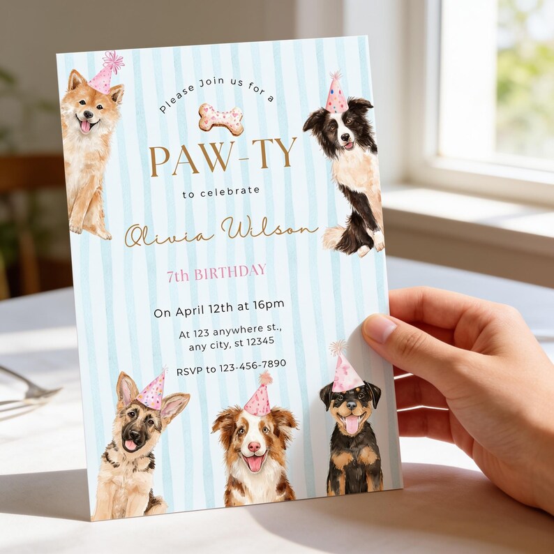 Dog Birthday Invitation, Kids Puppy Blue Striped Party Invite Editable ...