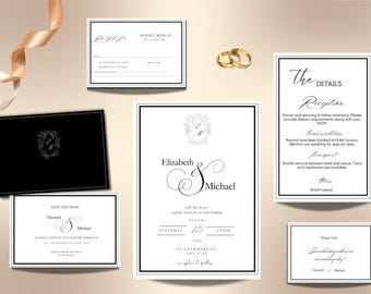 Black White Old Money Wedding Invitation Luxury Stationery Suite Template Canva Instant Download Printable
