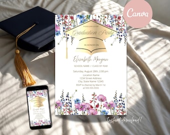 Wildflower Graduation Party Invitation, Gold Cap Template Editable Instant Download Canva