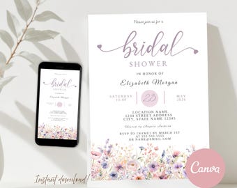 Editable Floral Bridal Shower Invitation Template Purple Wildflowers Invite Spring Summer Garden  Canva Instant Download Printable