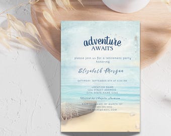 Adventure Awaits Retirement Party, Invitation Nautical Theme Editable Template Instant Download Canva