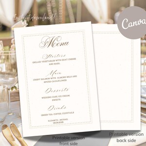 Może przedstawiać: Drukowane menu weselne z kremowym tłem i eleganckim pismem. Menu zawiera przystawki, dania główne, desery i napoje. Przód zawiera menu, a tył jest pusty. Tekst "Instant download!" znajduje się na górze.