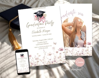 Wildflower Graduation Party Invitation, Floral Photo Template Editable Instant Download Canva
