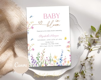 Baby in Bloom Invitation, Pink Wildflowers Baby Shower Invite Editable Template Instant Download Canva