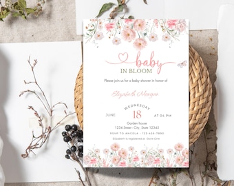 Editable Baby in Bloom Invitation Pink Wildflowers Baby Shower Invite  Template Instant Download Canva