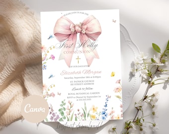 Floral Bow First Holy Communion Invitation Girl Blush Coquette Wildflowers Invite Canva Template Instant Download