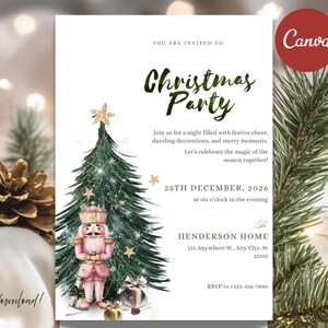Könnte beinhalten: Eine Weihnachtsparty-Einladungskarte mit einem grünen Aquarell-Weihnachtsbaum, einem rosa Nussknacker und goldenen Sternen. Der Text lautet: You are invited to Christmas Party, 25th December, 2026 at six o'clock in the evening, Henderson Home.