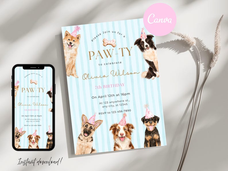 Dog Birthday Invitation, Kids Puppy Blue Striped Party Invite Editable ...
