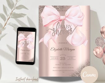 Pink Bow Baby Shower Invitation, Rose Gold Glitter Invite, Girl Blush Coquette Canva Template Instant Download