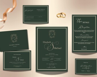 Donkere salie groen oud geld bruiloft uitnodiging luxe briefpapier suite sjabloon Canva Instant Download afdrukbare