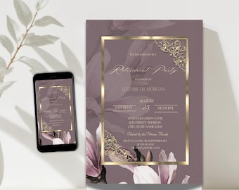 Magnolia Retirement Party Invitation, Mauve Gold Retirement Party Invite, Editable Template Instant Download Canva