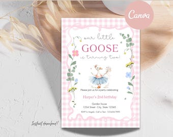 Our Silly Goose 2nd Birthday Party Invitation, Floral Pink Gingham Template, Download Canva