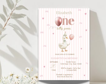 One Silly Goose 1st Birthday Invitation, Pink Bow Striped Template, Download Canva