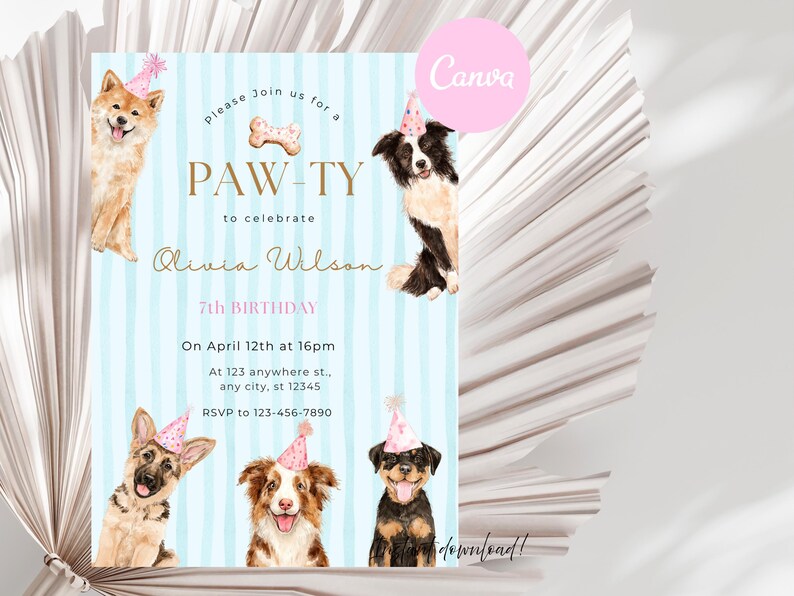 Dog Birthday Invitation, Kids Puppy Blue Striped Party Invite Editable ...