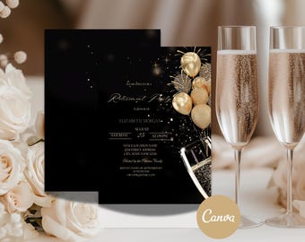 Gold Balloons Retirement Party Invitation, Champagne Black Retirement Invite, Editable Template Instant Download Canva