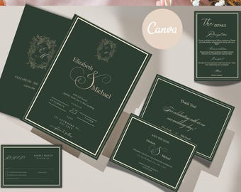Dark Sage Green Old Money Wedding Invitation Luxury Stationery Suite Template Canva Instant Download Printable
