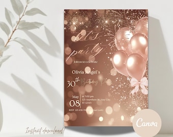 Rose Gold Balloons Birthday Invitation Let’s Celebrate  Elegant Women Bow Theme Canva Template Instant Download