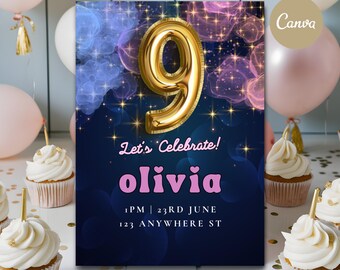 9th Birthday Invitation Gold Number 9 Party Invite Stars & Galaxy Theme  Girls Template Canva Instant Download