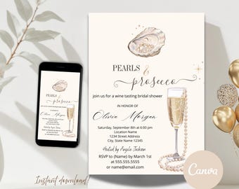 Pearls and Prosecco Bridal Shower Invitation,  Brunch and Bubbly Champagne Party Invite,  Editable Template Instant Download Canva