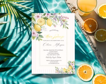 Main Squeeze Theme Lemon Bridal Shower Invitation Template Floral Citrus Bridal Shower Canva Instant Download Printable