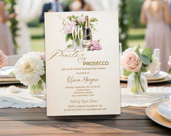 Pearls Prosecco Bridal Shower Invitation, Champagne Roses Brunch And Bubbly Editable Template Instant Download Canva