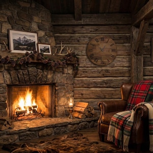 May include: A cozy cabin interior with a stone fireplace and a roaring fire. A leather armchair with a plaid blanket sits near the fireplace. A wooden clock hangs on the wood-paneled wall. Decorative antlers and framed mountain landscape art adorn the mantel.