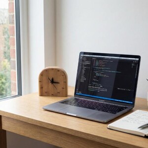 May include: A wooden desk with a laptop displaying code, a wooden clock, a notebook, and a pen. A small potted succulent sits on the desk near a window. The clock has black hands and a light brown finish.