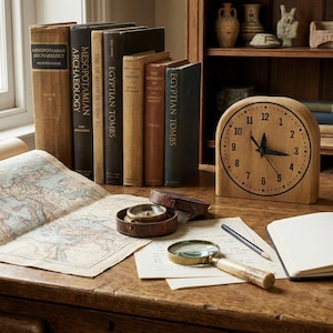 Puede incluir: Un escritorio de madera con una colección de libros antiguos, un mapa, una brújula, una lupa y un reloj de madera. Los libros se titulan "Mesopotamian Archaeology" y "Egyptian Tombs". El reloj muestra la hora.