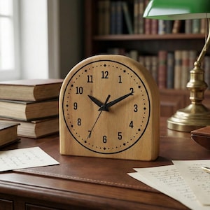 May include: A wooden desk clock with a light-colored wood finish. The clock face has black numerals and hands. The clock is on a desk with books, papers, and a green-shaded lamp.