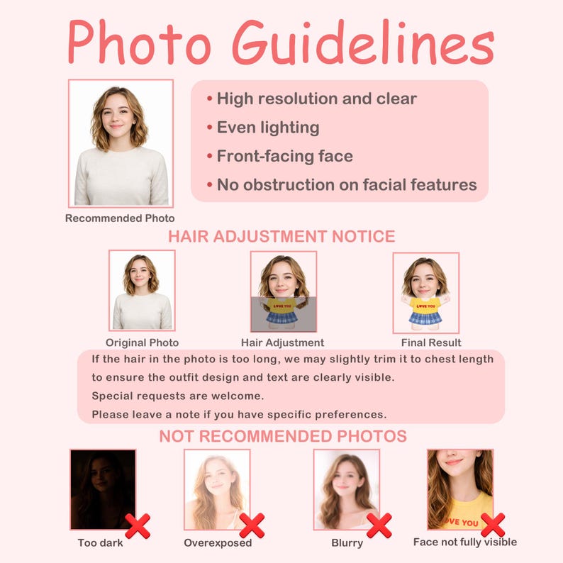 May include: An informational graphic titled Photo Guidelines with pink text on a light background. It displays examples of recommended and not recommended photos, a hair adjustment notice, and instructions for clear, high-resolution images.
