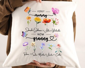 First Mom Now Grandma Pillow,Custom Birth Flower Pillow with Grandkids Names,Personalized Grandma Garden Pillow,Nana Gift from Grandchildren