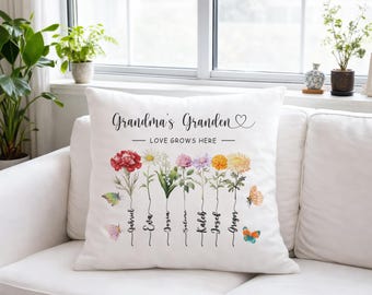 Grandma’s Garden Birth Flower Pillow, Custom Floral Pillow, Birth Flower Design with Grandchildren’s Names, Mother’s Day Gift, Nana Birthday