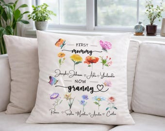 Custom First Mom Now Grandma Pillow,Grandma's Garden Pillow with Grandkids,Personalized Birthflower Pillow,Nana's Garden Pillow,Gift for Mom