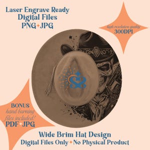 Puede incluir: Un diseño digital para un sombrero de ala ancha, con una ilustración detallada de una calavera con sombrero de vaquero y un revólver. El diseño del sombrero es en tonos marrones y beige, con el texto "Laser Engrave Ready Digital Files" y "Wide Brim Hat Design".