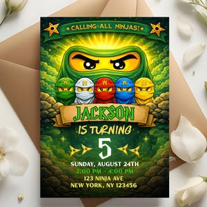 忍者誕生日招待状、緑の忍者パーティー招待状、ビルディングブロックスタイル（デジタルダウンロード）